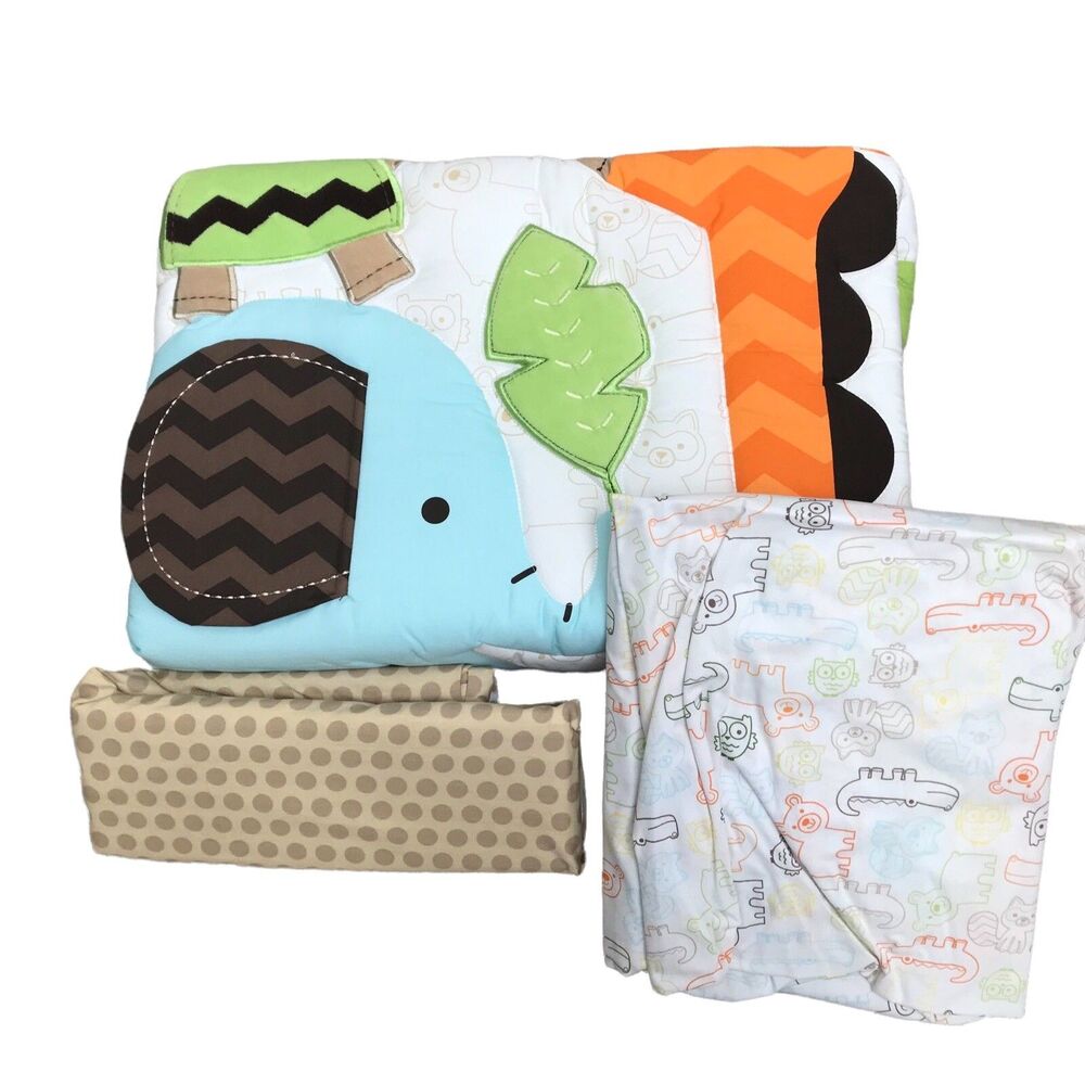New 3 Pc Set Crib Baby Jungle Animals Set Comforter Fitted Sheet & Dust Ruffle
